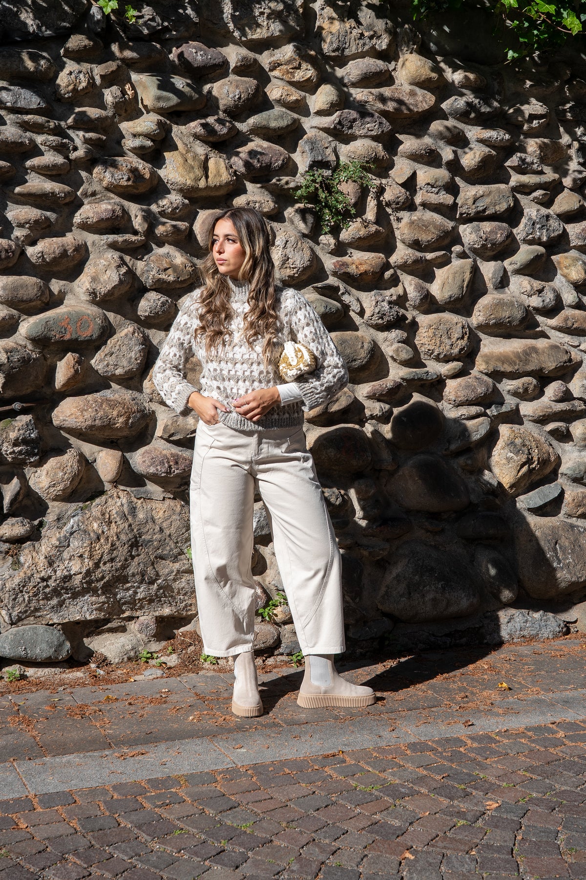 Maglione traforato panna e grigio