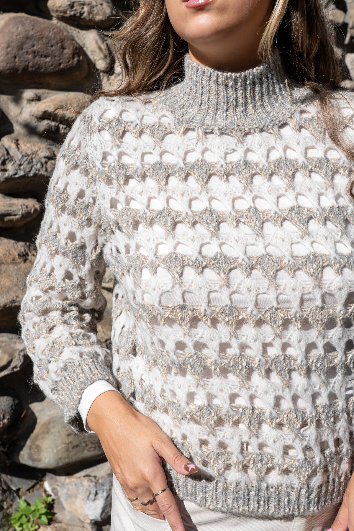 Maglione traforato panna e grigio
